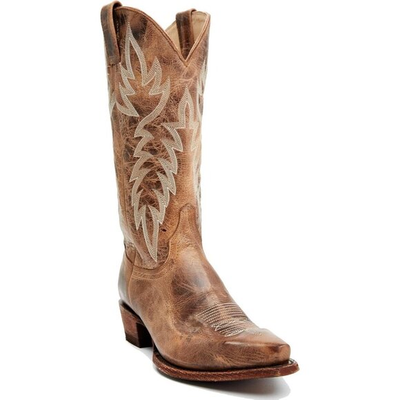 Shoes - Women's Embroidered Chunky Heel Mid Calf Pointed Toe Pull On Cowgirl Boot Tan